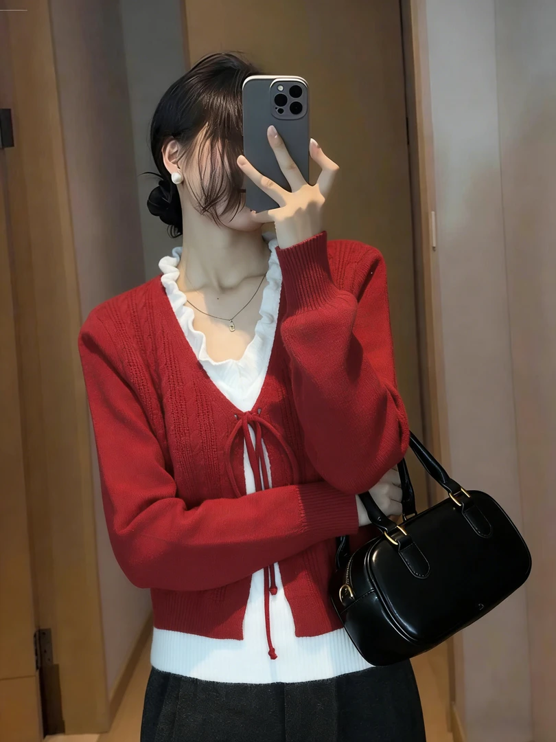 假两件V领拼接木耳边毛衣女秋冬新款宽松慵懒高级感针织开衫上衣