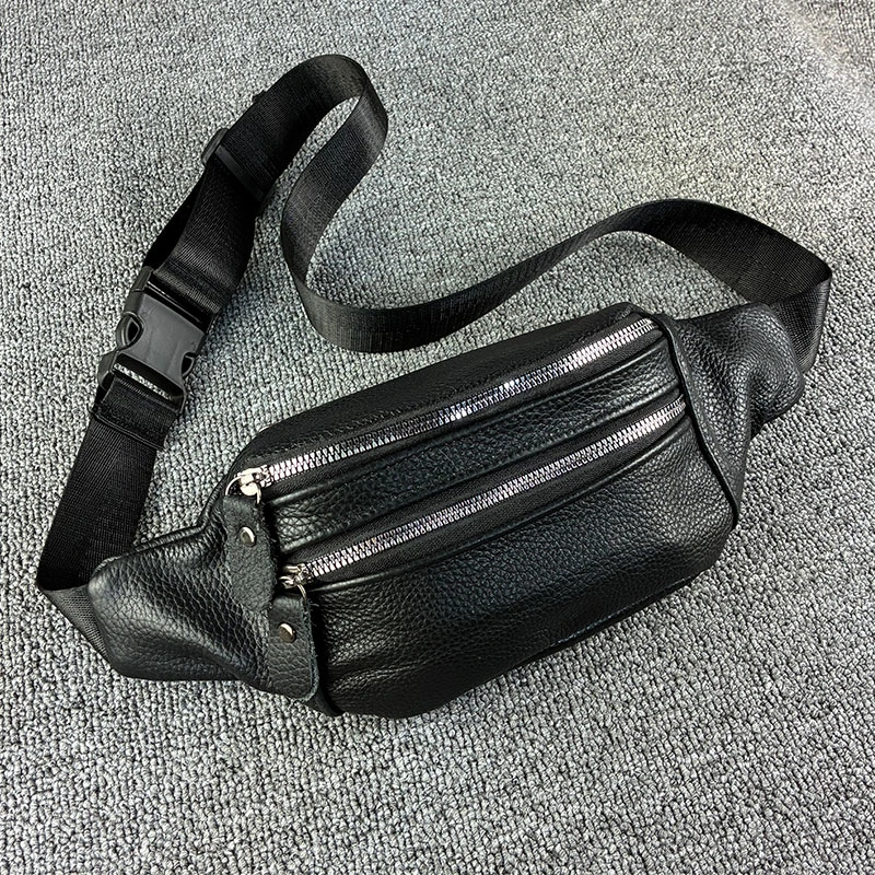 三层款拉链腰包胸包收钱包男士耐磨真皮休闲头层牛皮男包