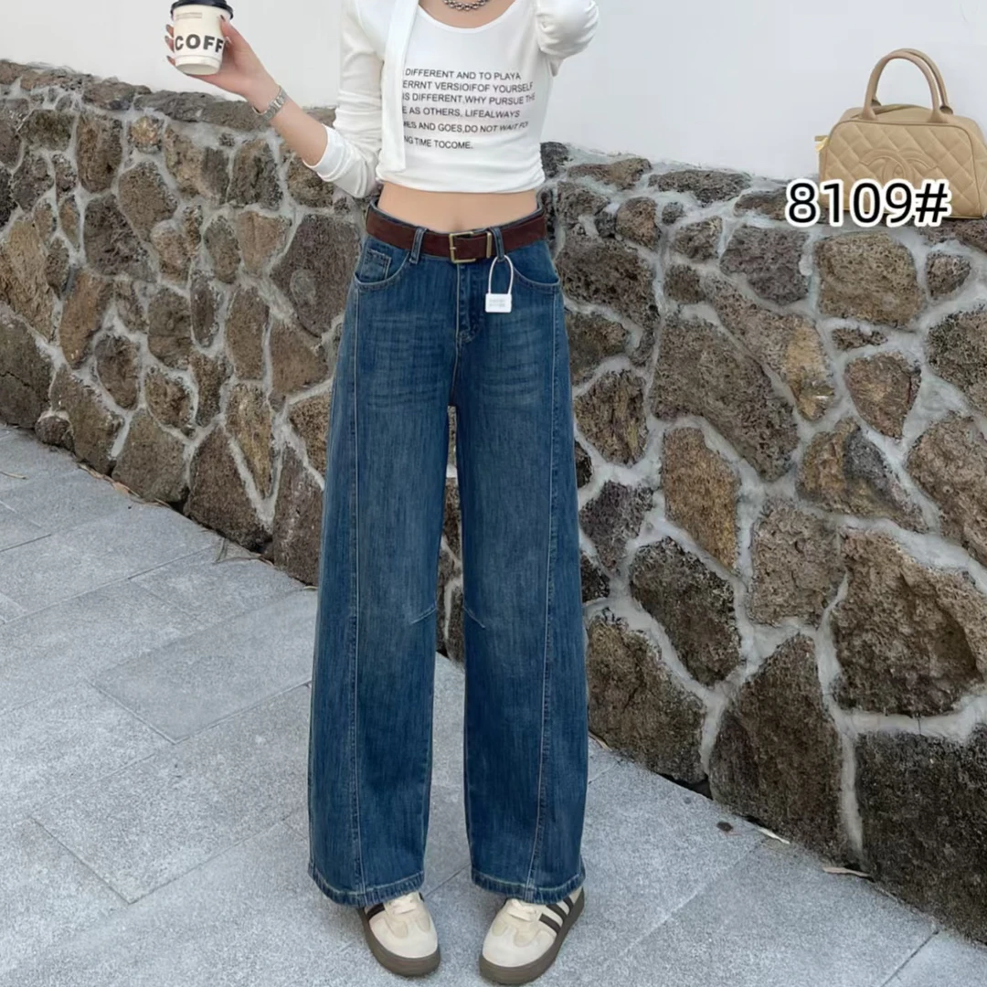 8109韩版复古蓝休闲百搭设计感直筒阔腿牛仔裤