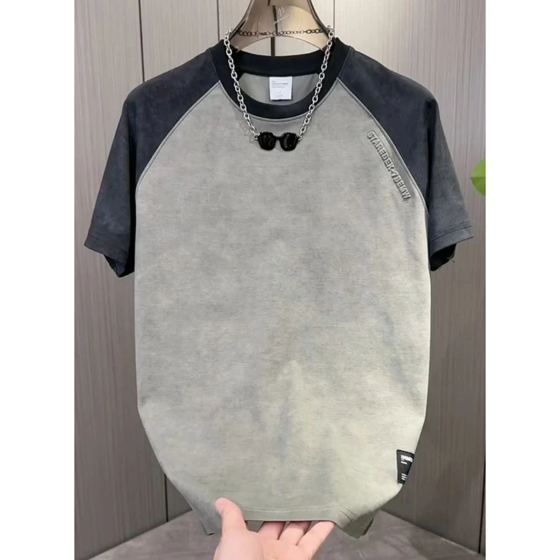 2025夏季男休闲晕染插肩字母刺绣拼接短袖韩版撞色潮流半袖T恤衫