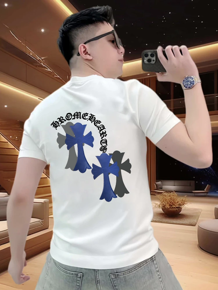 2025夏季潮流设计感十字架梵文印花短袖t恤男高品质百搭白色半袖