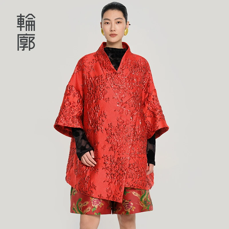 轮廓烟火年年宽松廓版外套提花改良中式不对称肌理感风衣L251Y046
