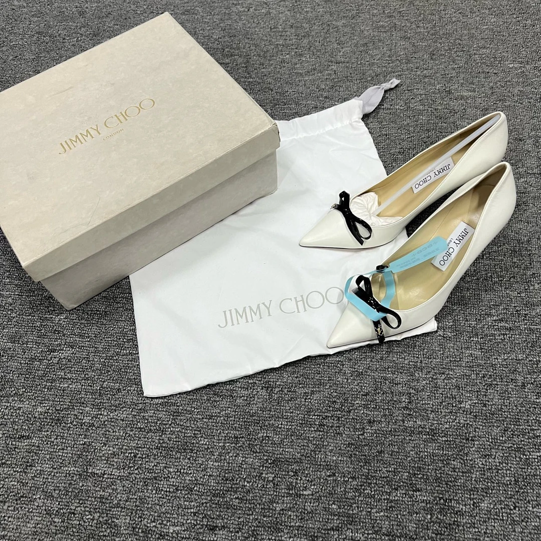 99新 JIMMY CHOO/吉米周 白色蝴蝶结高跟鞋 36码/原盒防尘袋