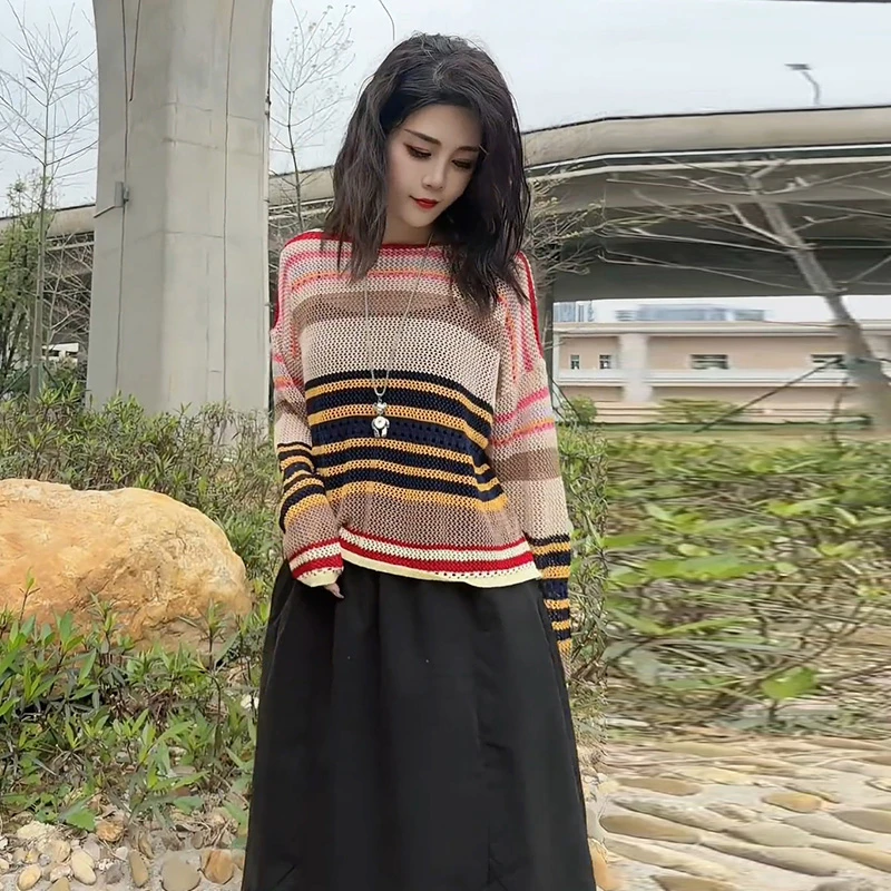 韩版时尚撞色条纹镂空针织衫女2025春季新款宽松时髦百搭长袖上衣
