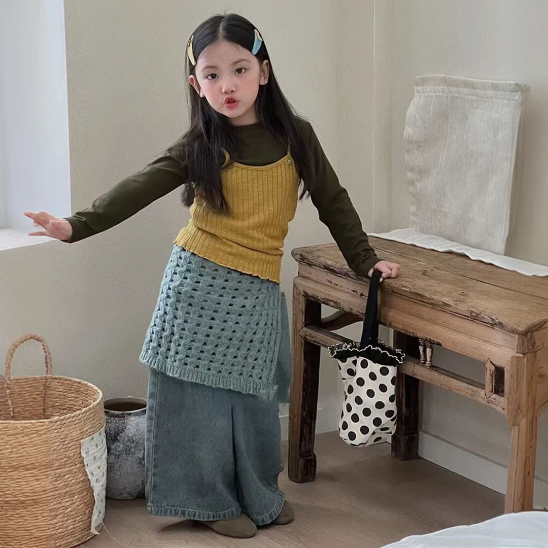 韩系女童2028秋季吊带打底叠穿上衣阔腿裤屁帘潮流四件套