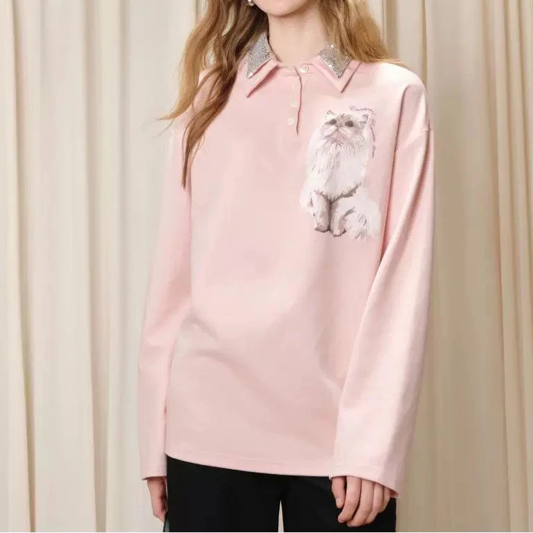 【亮亮咪】翻领亮片印花猫猫宽松休闲减龄时尚长袖T恤.Y889