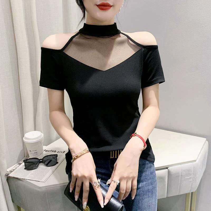 欧货性感露肩短袖体恤女2023夏季新款拼接镂空黑色打底衫时尚小衫