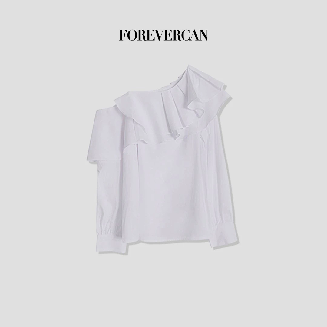 FOREVERCAN“安妮罗曼史”法式双层荷叶斜肩领长袖衬衫 ST21331