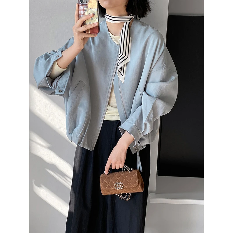 Du家不撞衫 薄荷蓝重工小个子2025春设计感休闲圆领夹克