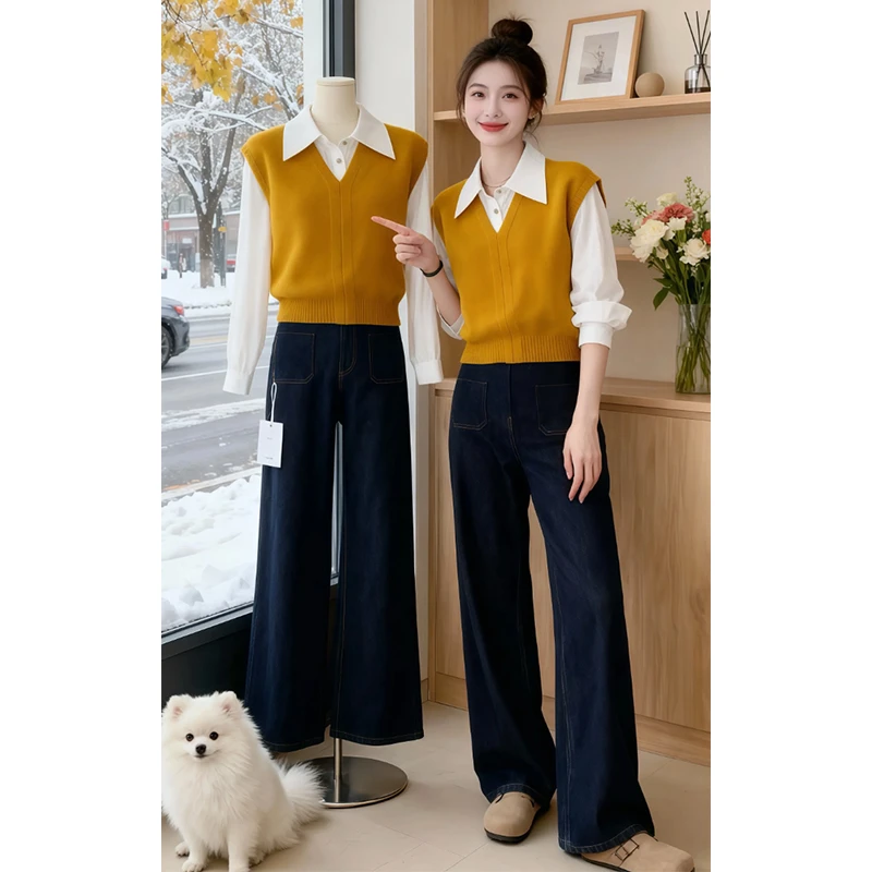 韩系翻领衬衫针织假两件2025秋冬轻软质感日常穿搭高级松弛休闲风