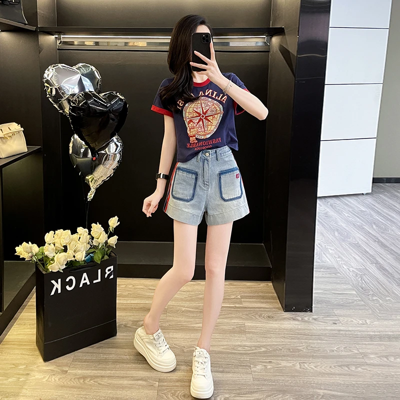 小个子夏季新款拼色短袖上衣洋气高腰牛仔短裤显瘦时尚两件套潮