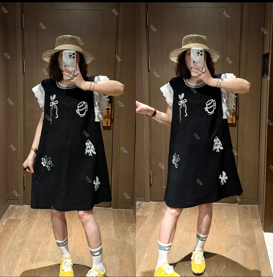 YDFSTUDIO小众【灵韵时光】欧货高品重磅刺绣木耳边拼接时尚连衣裙