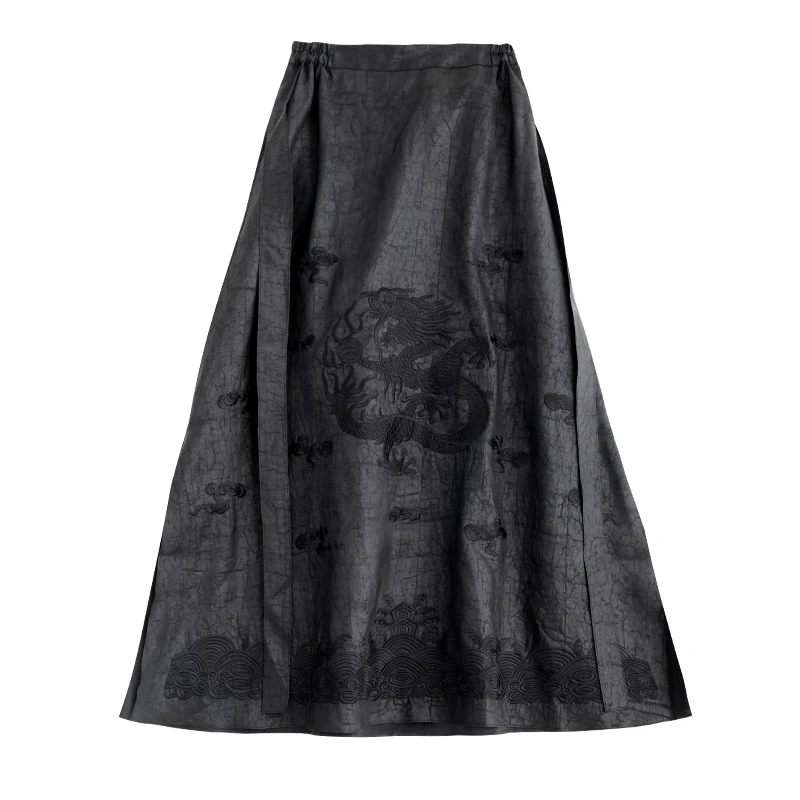 娑尔黑色墨绣龙刺绣半裙SH1BB01898