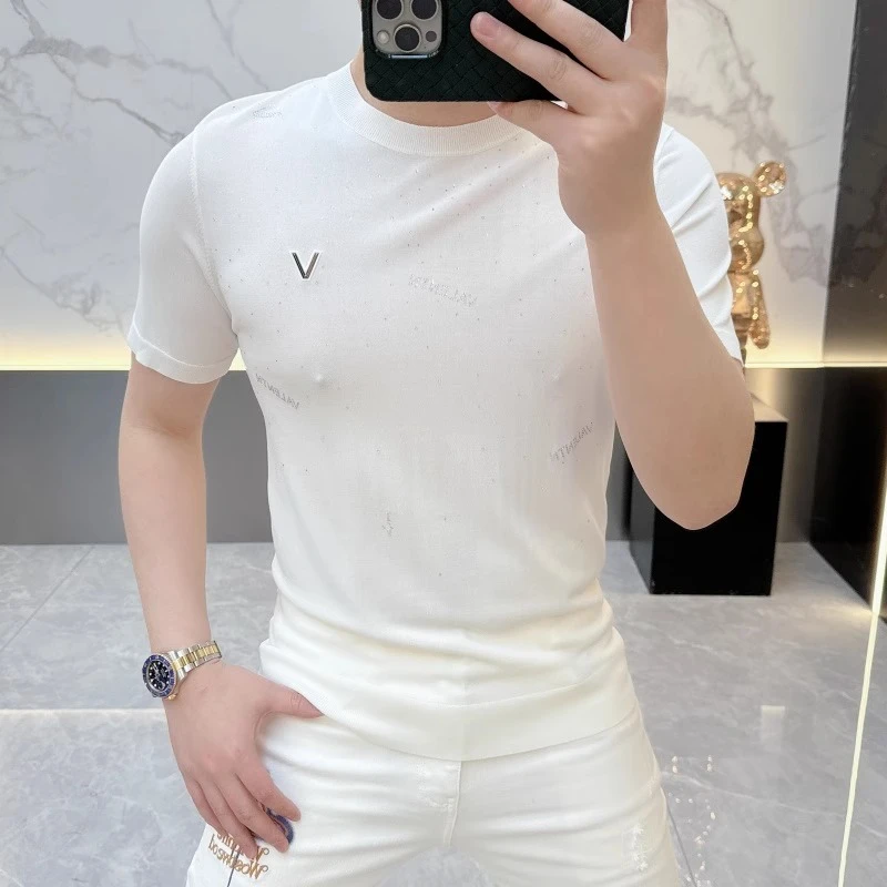 2025新款夏季潮牌欧货网红字母百搭冰丝短袖T恤男修身针织T薄款