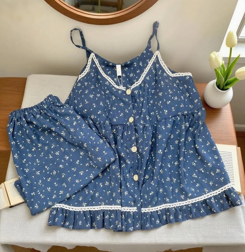 【吊带】夏季睡衣三件套带胸垫休闲舒适薄款7175