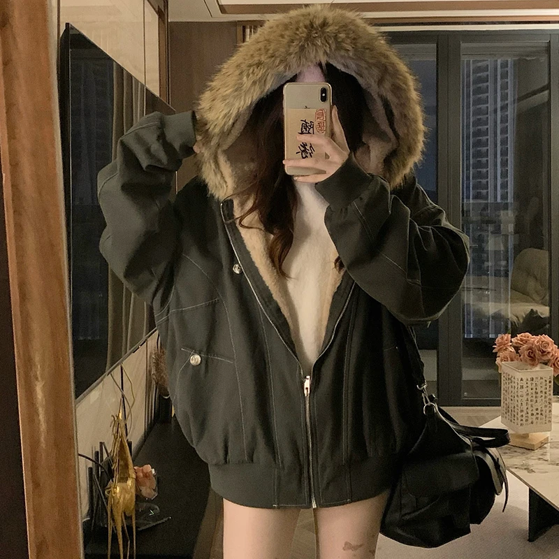 国潮座山雕外套女仿兔毛外套2025秋冬连帽派克服cleanfit短款棉衣