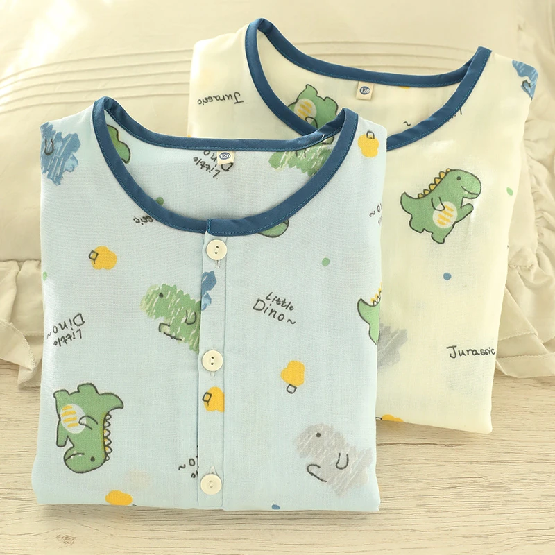 『眠岛』夏季儿童短袖睡衣纯棉纱布卡通小恐龙男童宝宝家居服套装