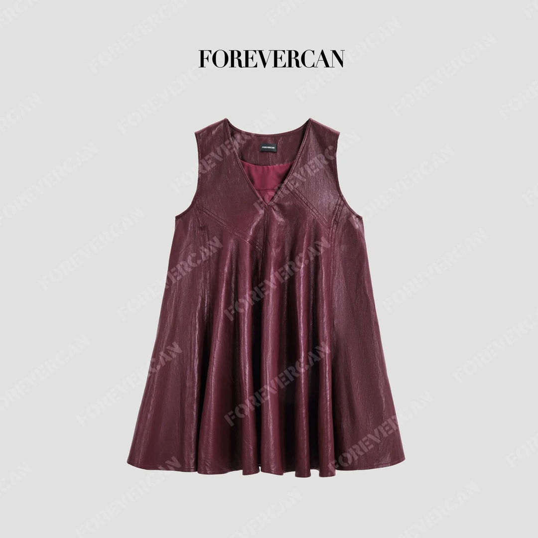 FOREVERCAN“波尔多酒酿”立裁V字背心裙双压线连衣裙皮裙WD23804