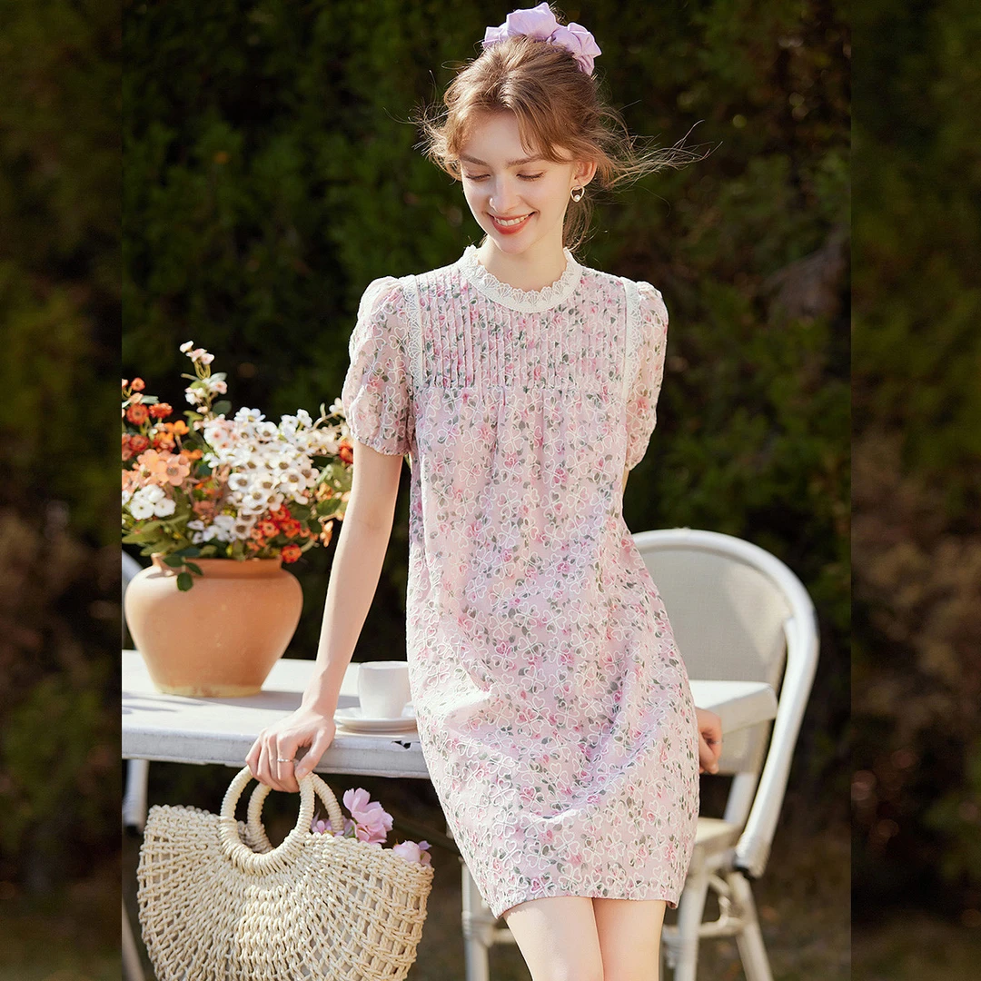 【商场同款新品】白鹿语绣花碎花泡泡袖花边连衣裙WYU20011