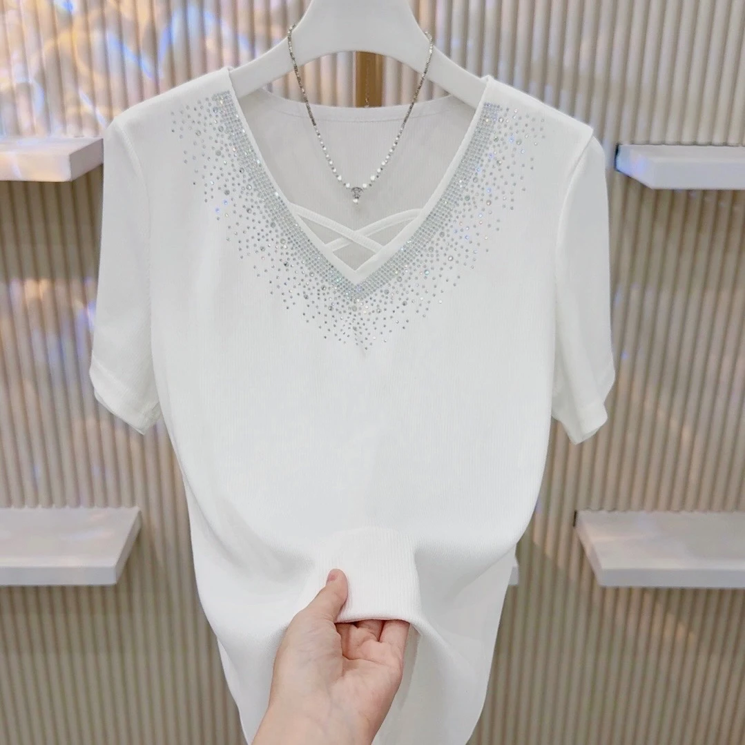 2025夏季新款V领镶钻交叉大码宽松时尚百搭上衣短袖T恤