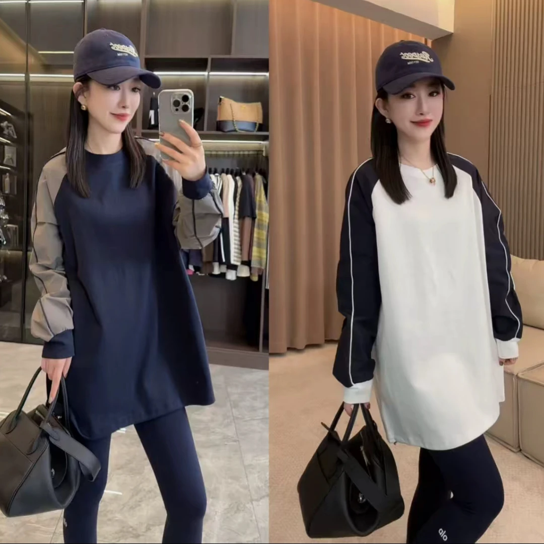 【茜甜】圆领插肩拼接中长款T恤宽松韩版百搭