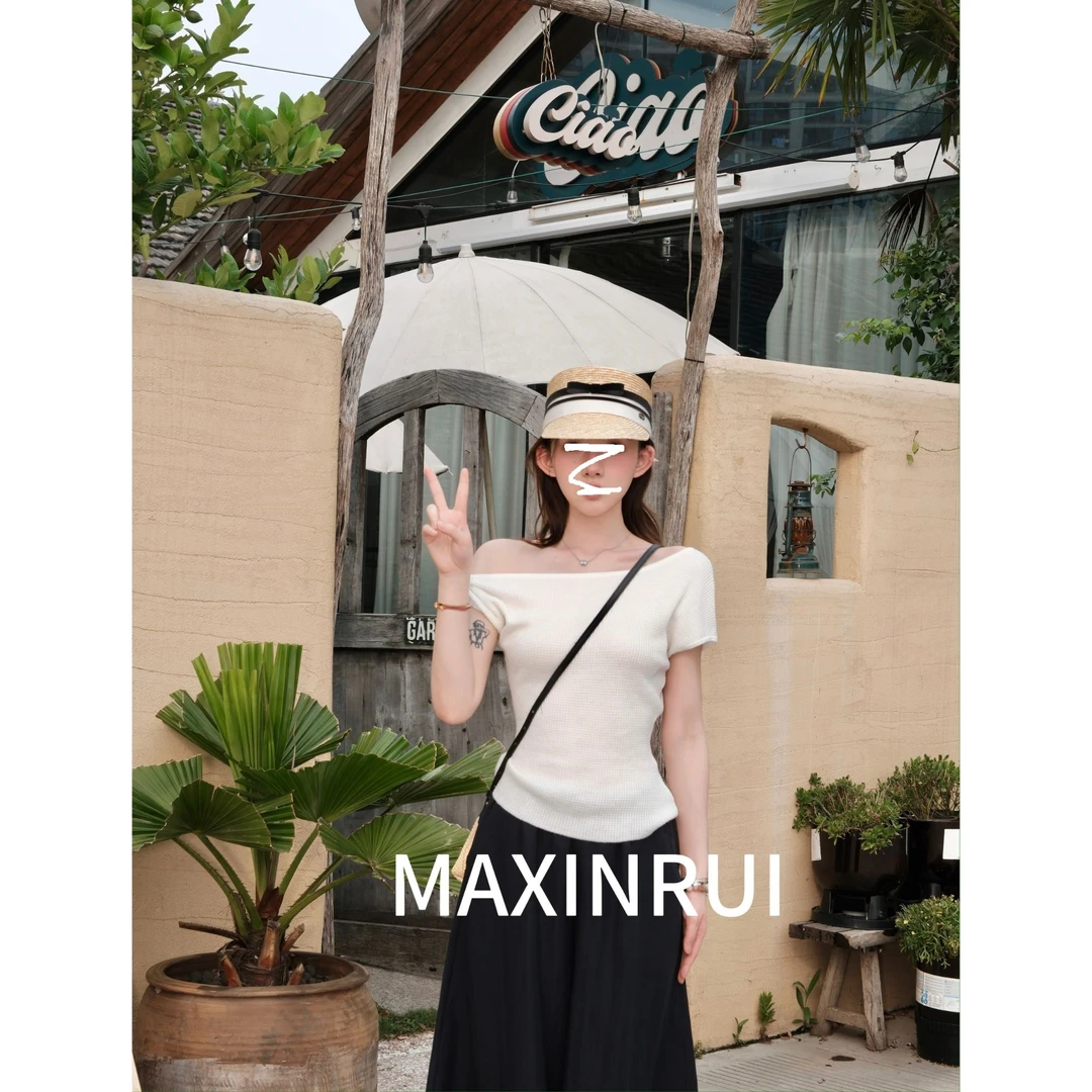 MAXINRUI 【华夫格小针织】25ss时尚百搭斜肩针织短袖上衣R8197