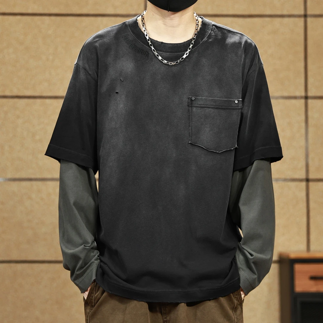 春秋季新款纯棉假两件长袖T恤男印花潮流做旧破洞宽松圆领上衣男t