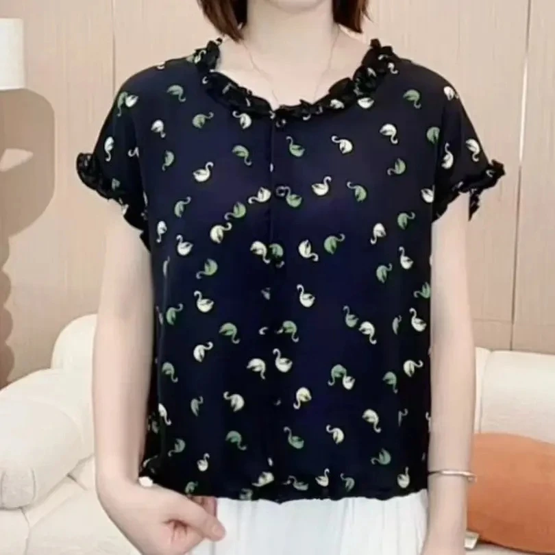 圆领夏季新款时尚洋气轻薄小衫女气质百搭减龄遮肚子显瘦短袖T恤