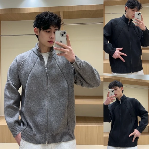 2025开衫重磅针织拉链春秋落肩袖厚款毛衣休闲时尚秋冬男士上衣