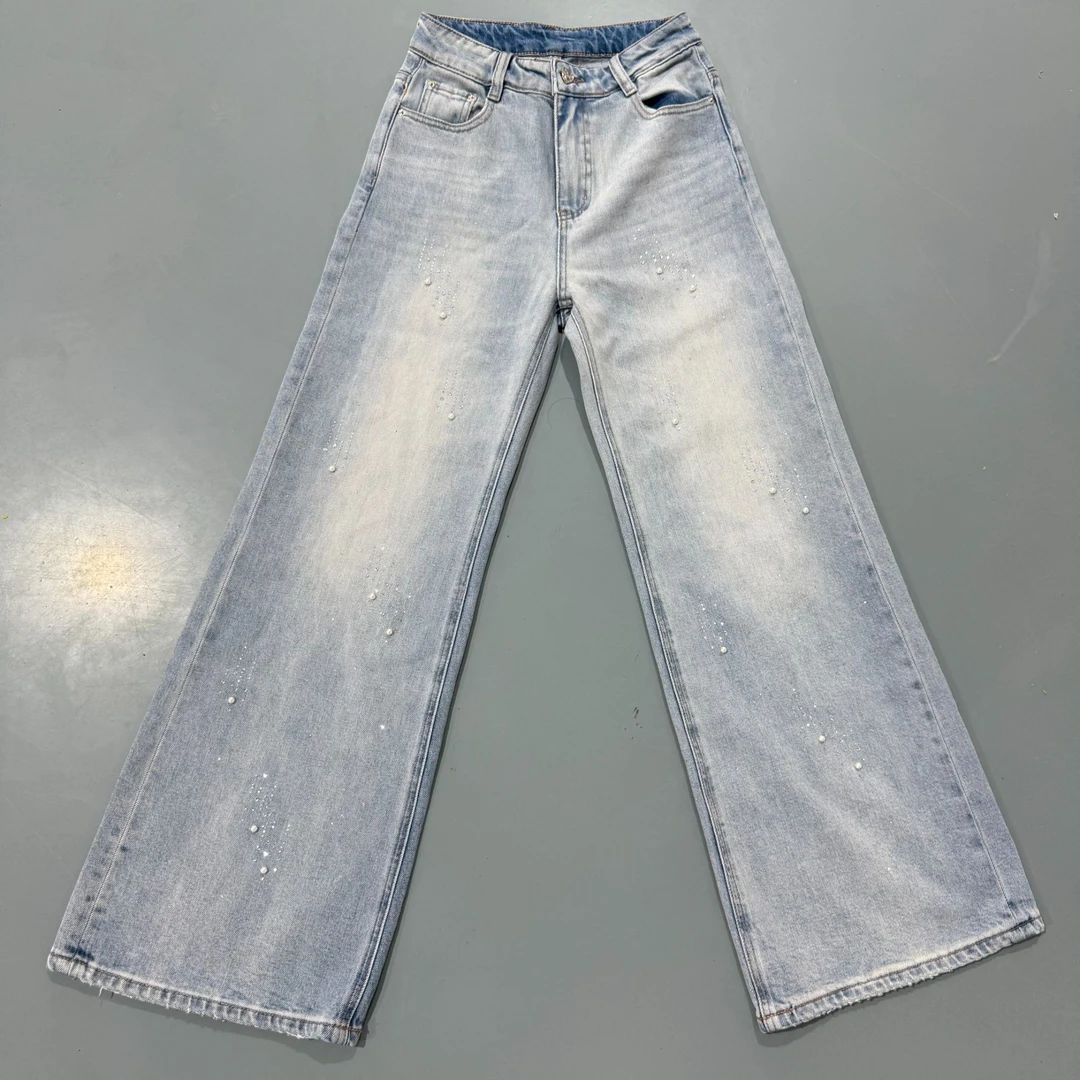 Z33322浅蓝色钉珠气质百搭休闲阔腿牛仔裤