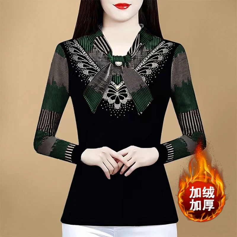 GF#5371 冬季新款加绒加厚打底衫气质百搭减龄妈妈蝴蝶结烫钻保暖