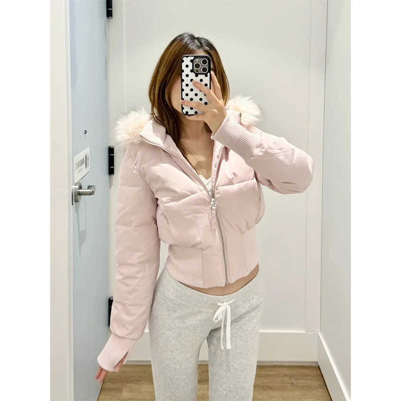 粉色毛领连帽短款棉服女2025冬季新款超好看收腰显瘦加厚保暖外套