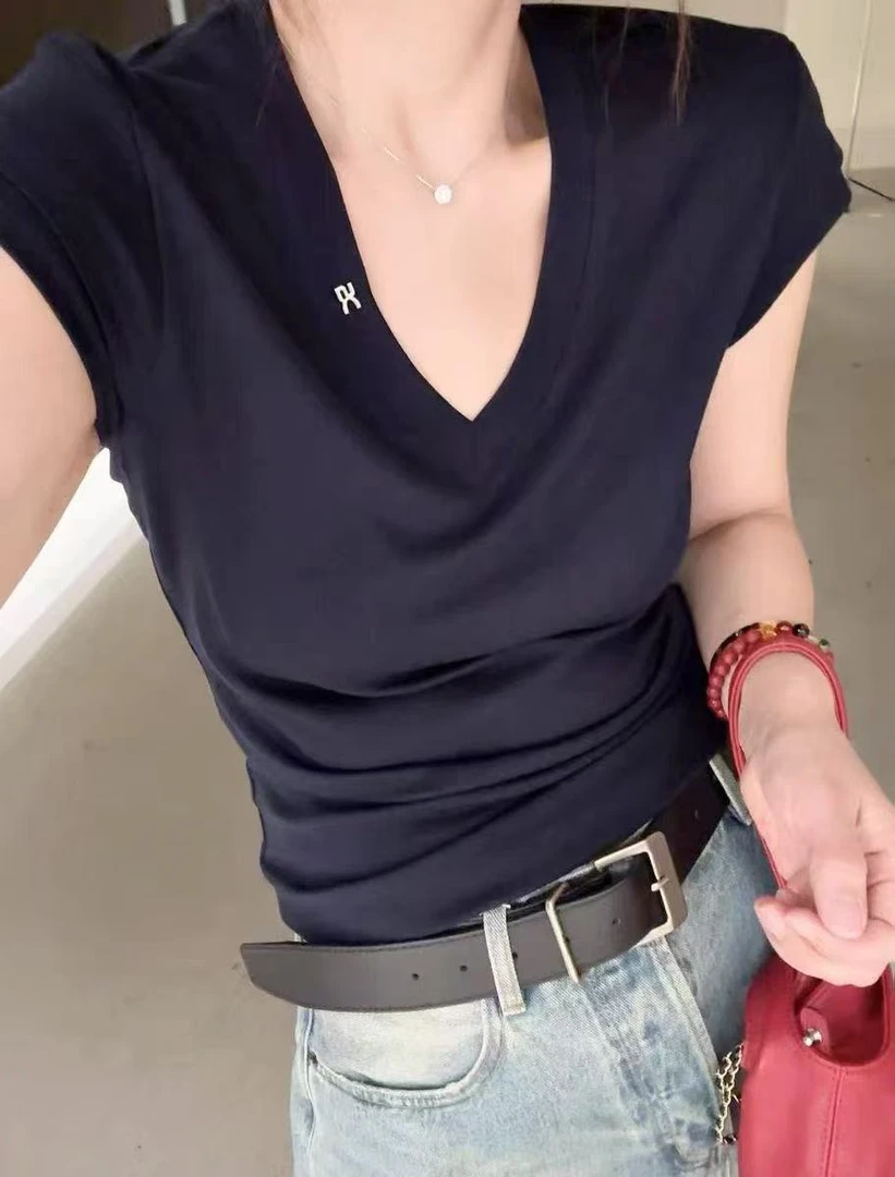 胖丫专属-25428V领短袖T恤女夏季显瘦简约气质上衣