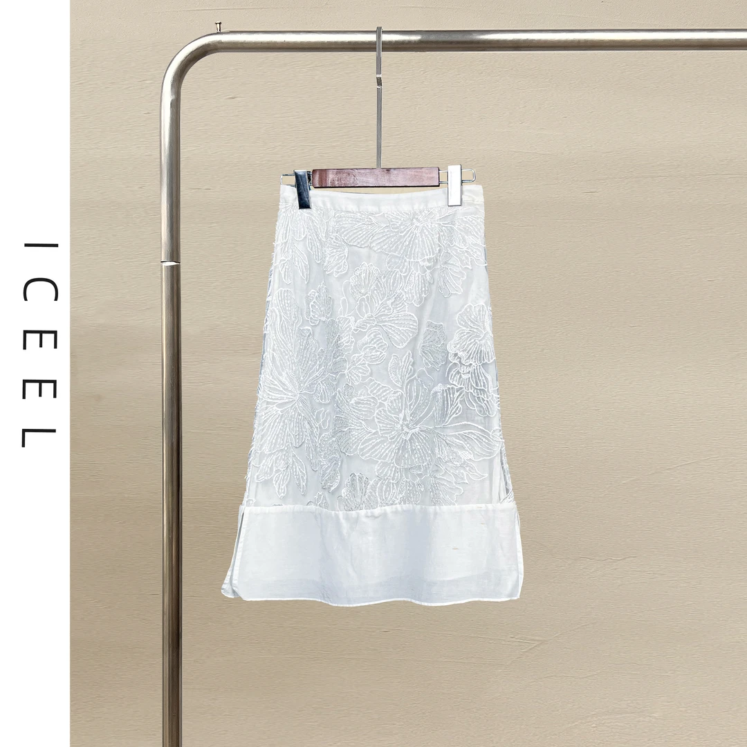ICEEL原创高端白色半身裙女夏季重工刺绣轻奢高级感气质高腰裙子