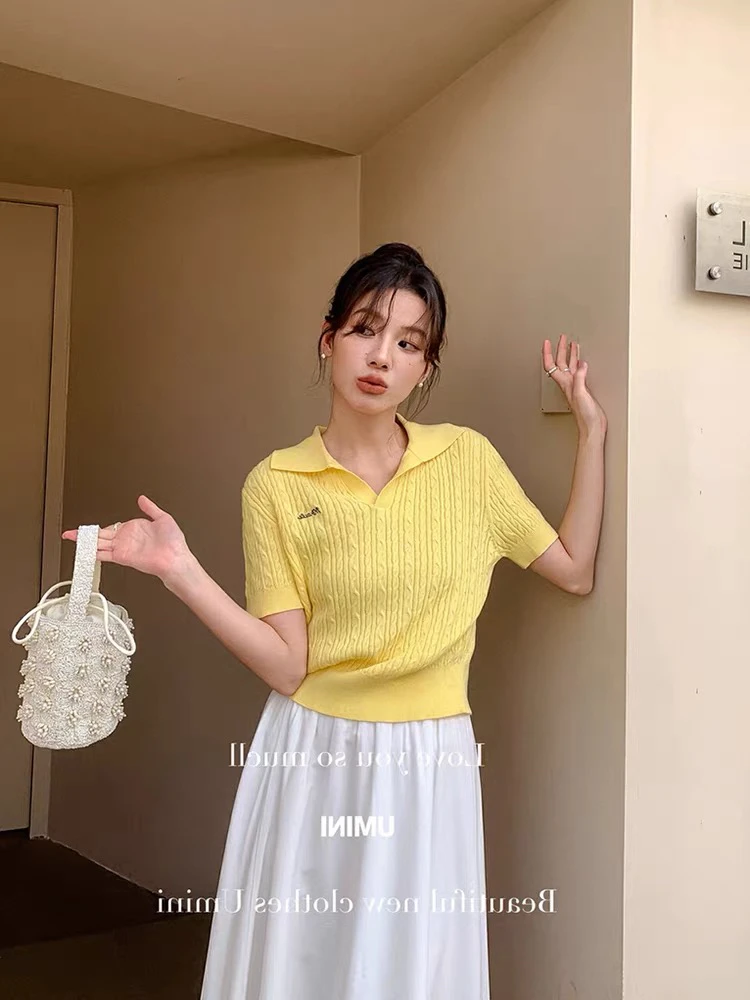 小版333夏季基本短袖常规款字母毛针织衫白色翻领丁达尔风