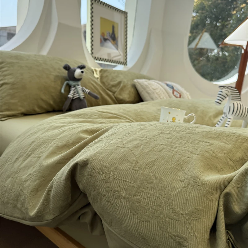 易安阁北欧极简风水洗棉提花春田碎花四件套全棉1.5m被套三件套