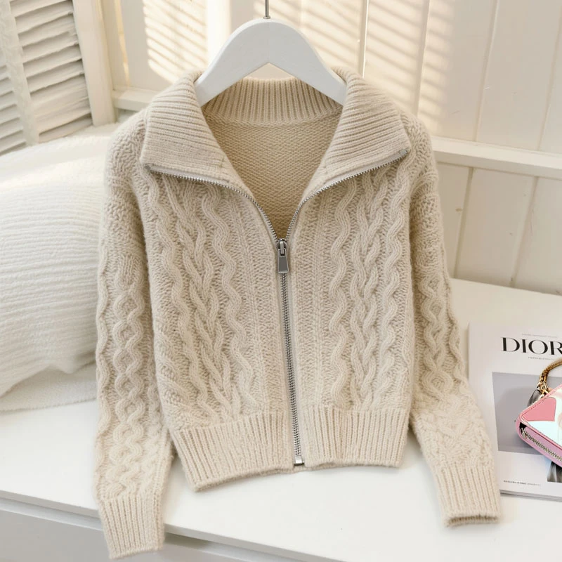 冬季新款翻领针织衫毛衣女气质轻熟风开衫外套上衣气质轻熟风小衫