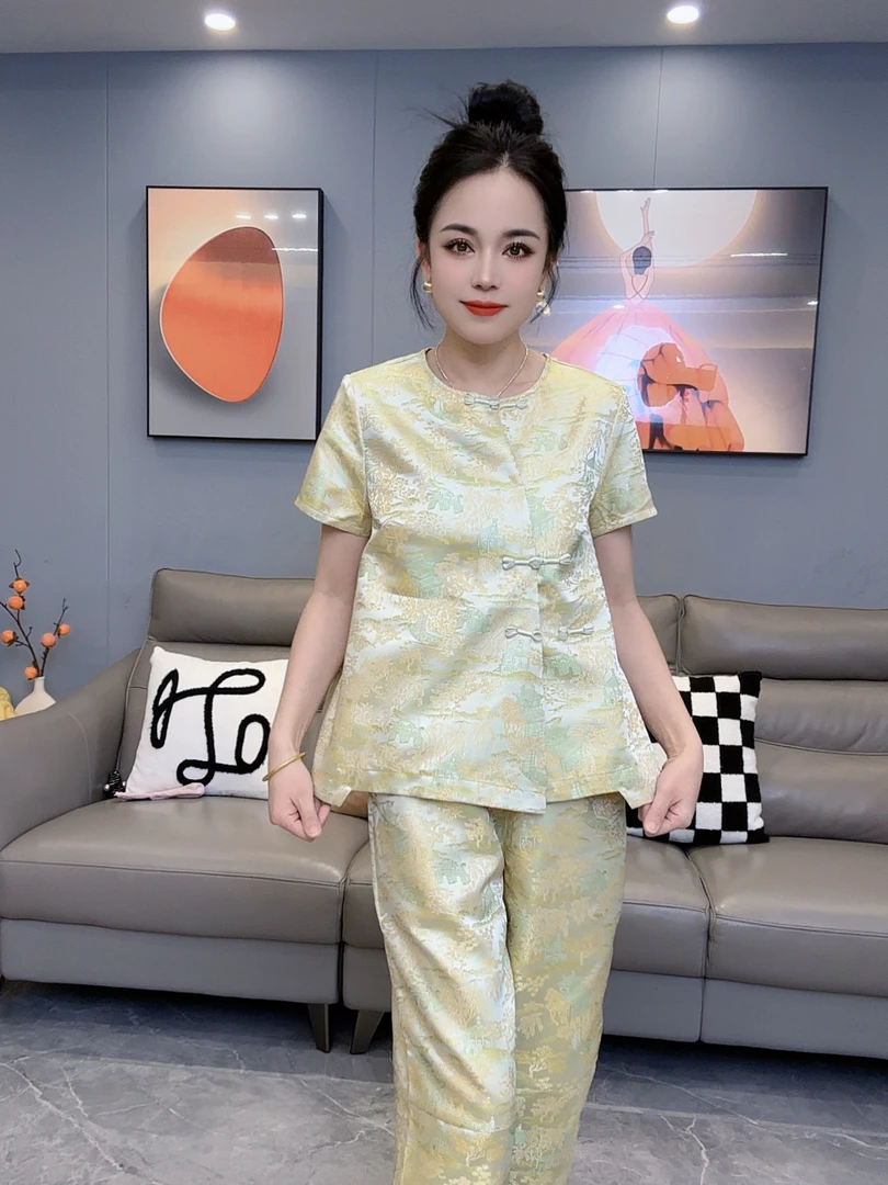 2025新中式中国风休闲风时尚短袖套装斜襟提花设计短袖+裤子
