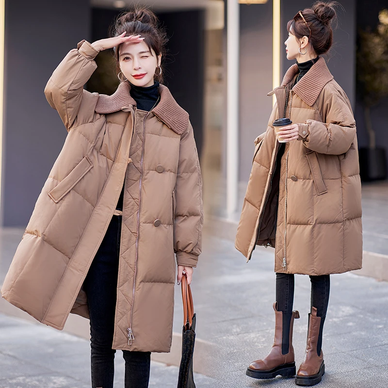针织大翻领拼接羽绒服女2025冬季新款韩版宽松加厚保暖白鸭绒外套