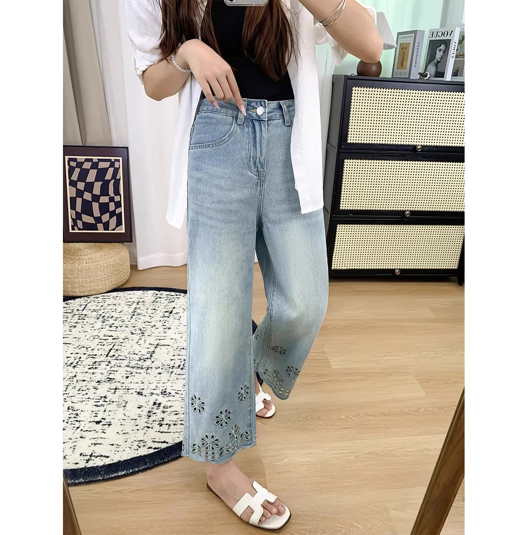 2025设计感镂空刺绣花边牛仔裤女夏季薄款大码高腰显瘦阔腿九分裤