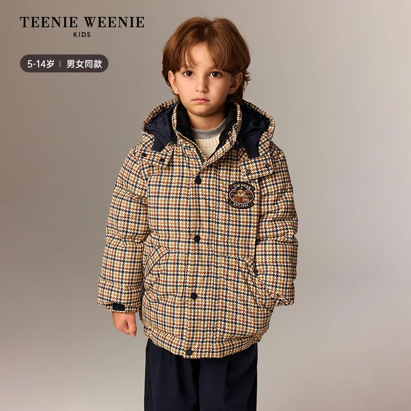 TeenieWeenie Kids小熊童装25年新冬男女童连帽短款千鸟格