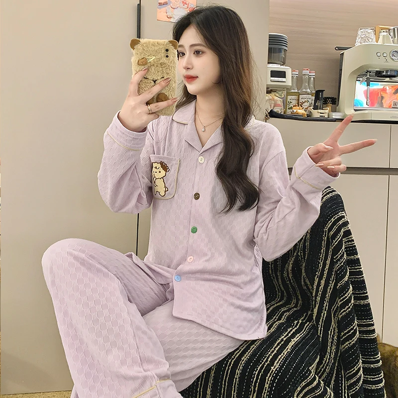 春夏季纯棉睡衣女甜美套装修身显瘦女士长袖家居服可外穿吸汗透气