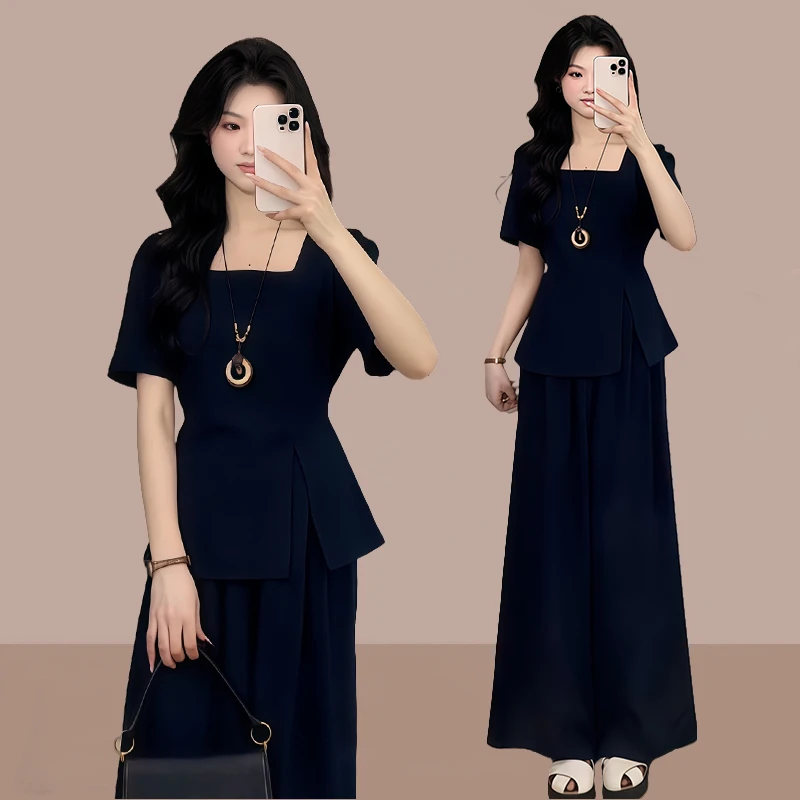 小个子时尚气质套装女2026年夏季新款方领开叉上衣阔腿长裤两件套