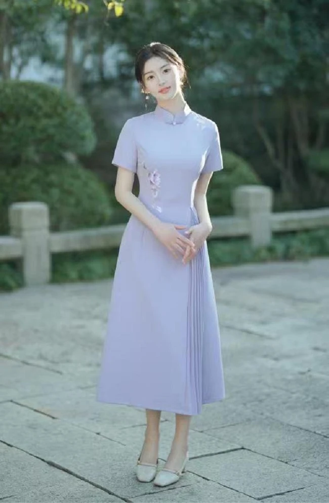 天水碧 青紫优雅奥黛改良旗袍裙M-4XL