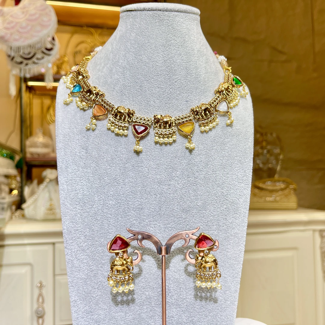 铜合金玻璃项链 【04120】印度印巴项链彩色套装手工轻奢复古金色