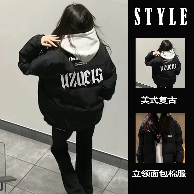 美式潮牌90白鸭绒黑色羽绒服女冬季新款宽松oversize加厚保暖外套