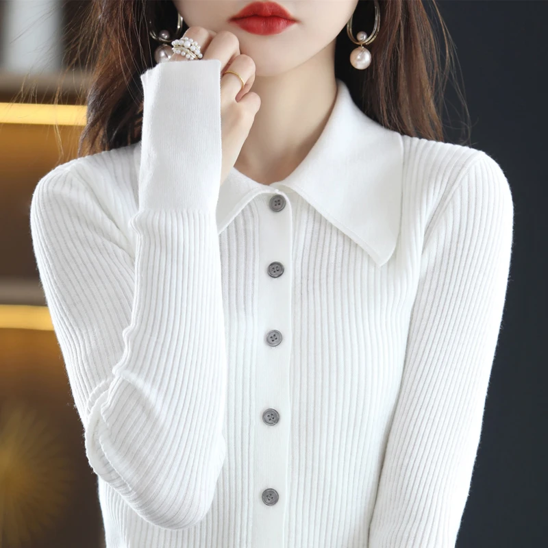 精纺羊毛POLO领宽松开衫女针织衫外搭单排扣上衣外穿保暖休闲A424