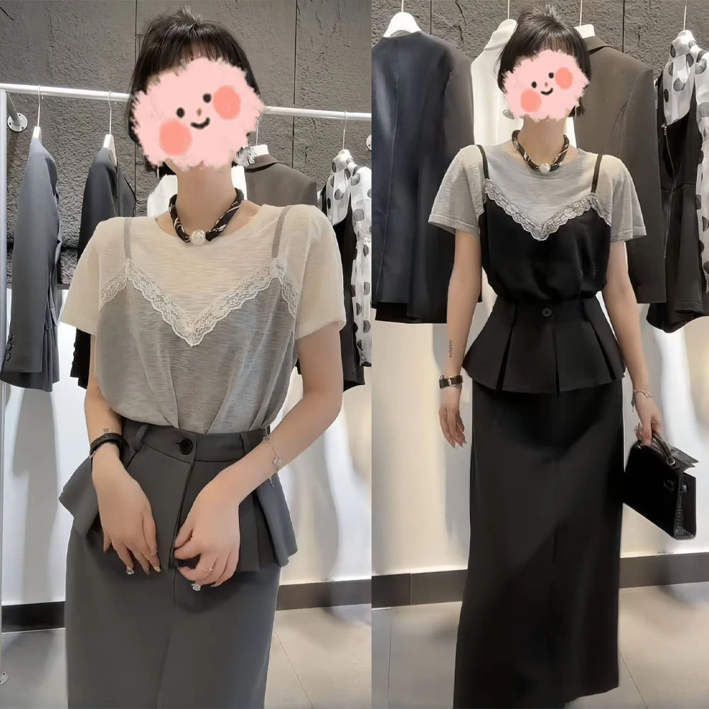 洋气衣服女2025夏季设计感蕾丝假两件短袖上衣百搭半身裙气质套装
