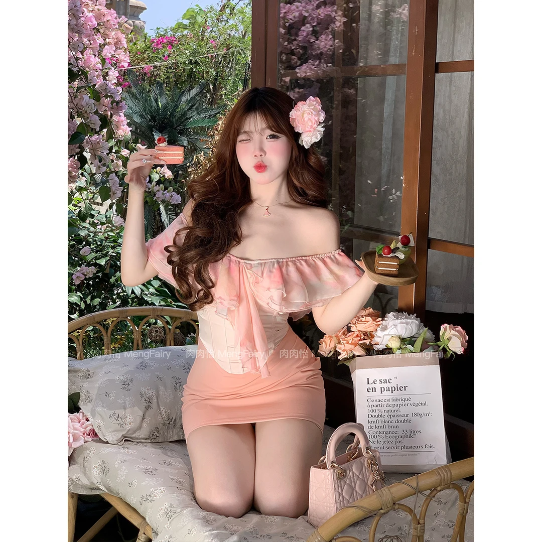 肉肉怡 清清【西柚气泡水】仙气花边收腰包臀公主裙连衣裙5206M