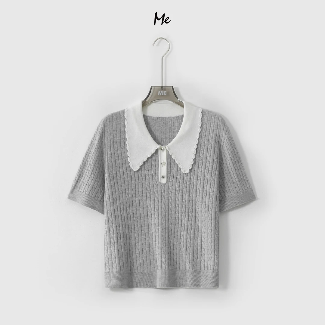 ME【娃娃绞花POLO】桑蚕丝绵羊毛混纺透气显瘦百搭针织衫MESS5177